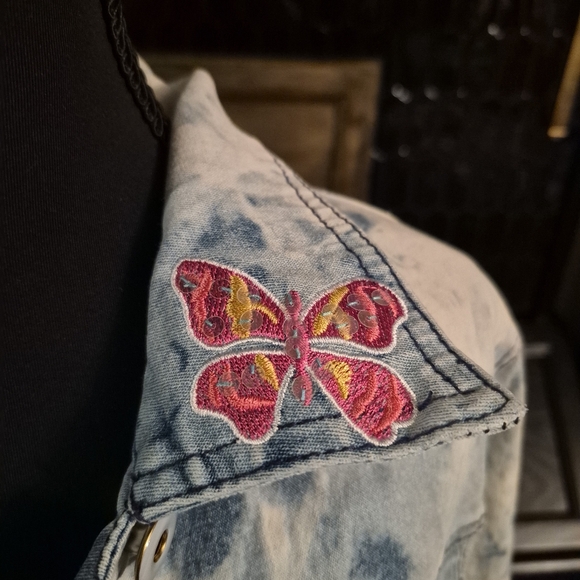 Retro Y2K Embroidered Sun Bleached Denim Jacket Diane Gilman 90s Tropical - Picture 3 of 7